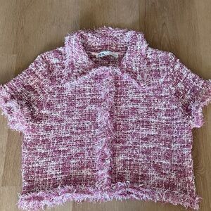 Zara Textured Pink and White Short Jacket